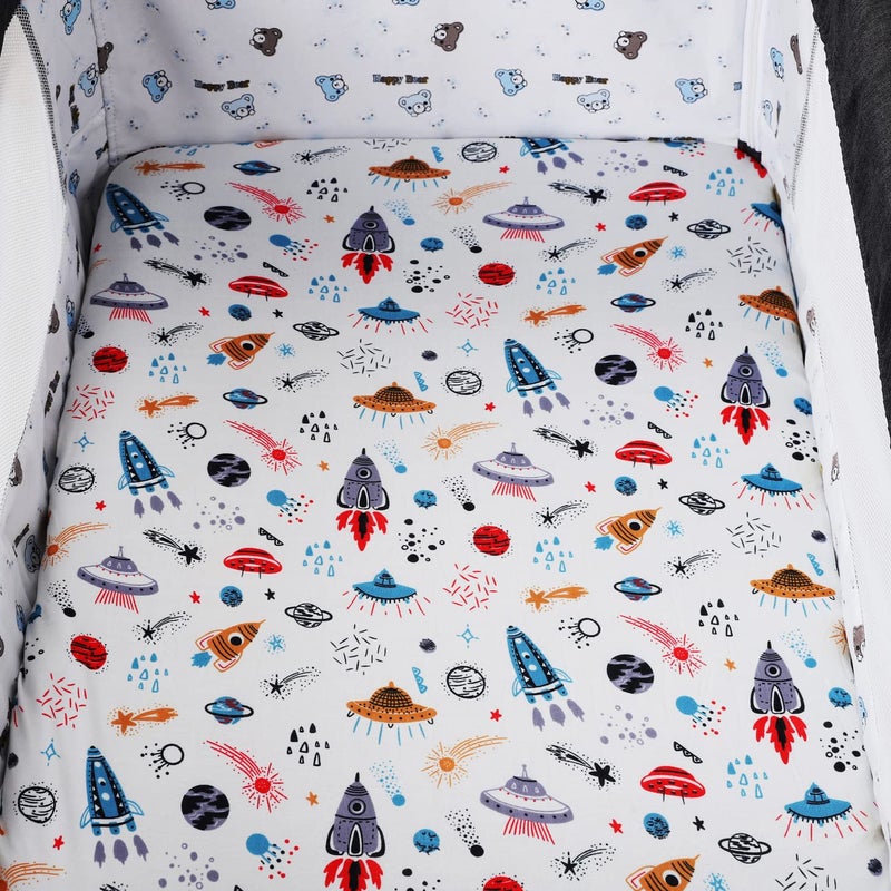 Tontukatu Pack n Play Sheet Stretchy Fitted Portable Mini Crib Sheets Set 3 Pack,Playard Sheets Convertible Playard Mattress Cover,Ultra Soft Jersey Material,Rocket Satellite,Car & Bus - Image 3